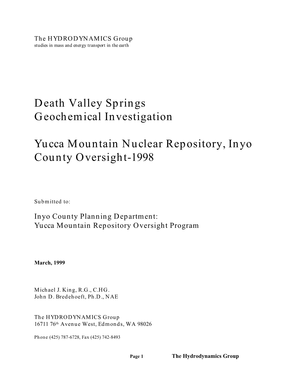 Death Valley Springs Geochemical Investigation Yucca Mountain Nuclear Repository, Inyo County Oversight-1998