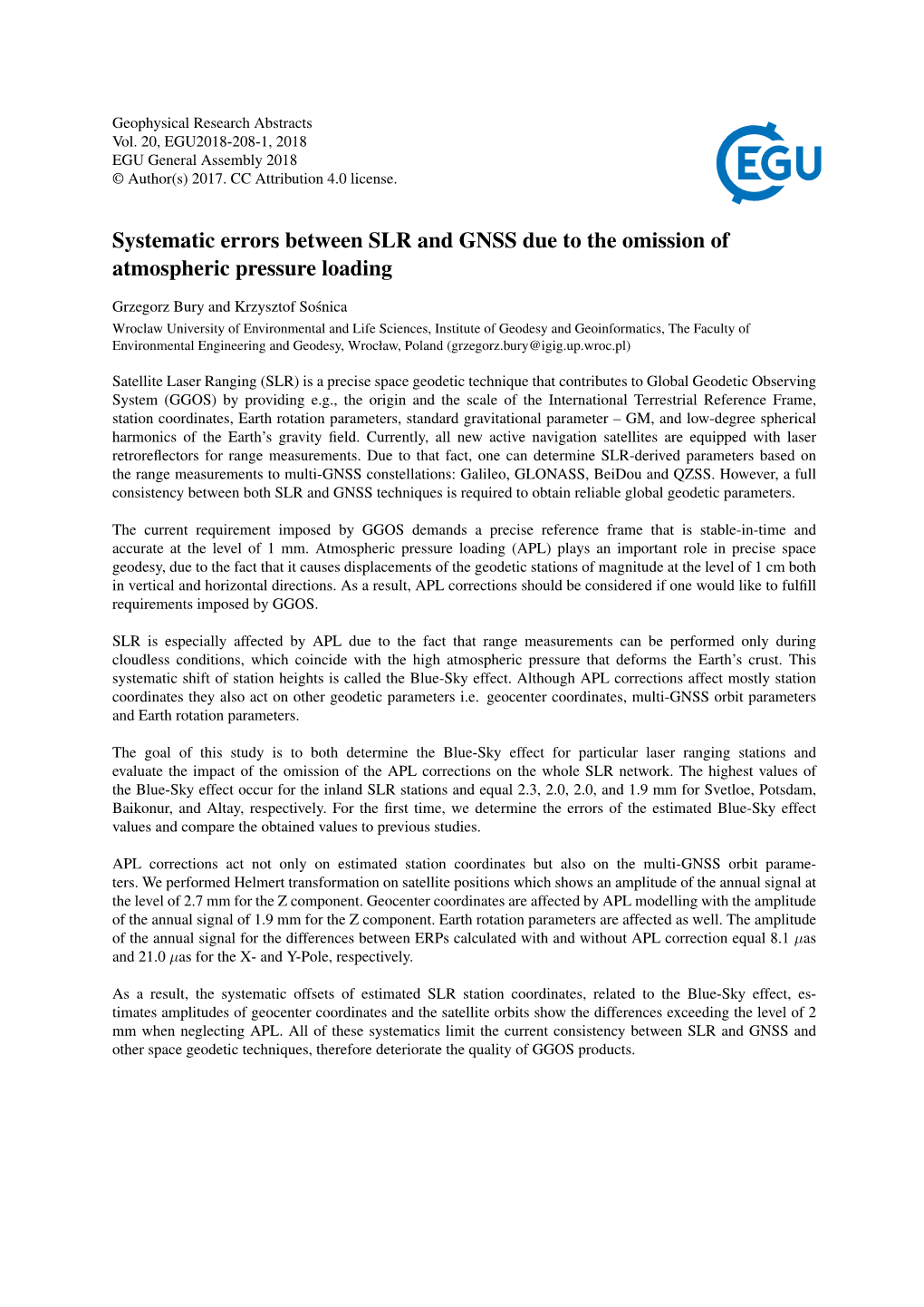 Systematic Errors Between SLR and GNSS Due to the Omission of Atmospheric Pressure Loading