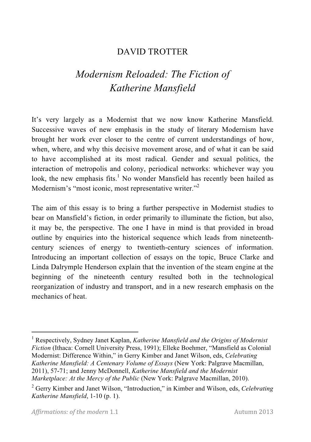 Modernism Reloaded: the Fiction of Katherine Mansfield