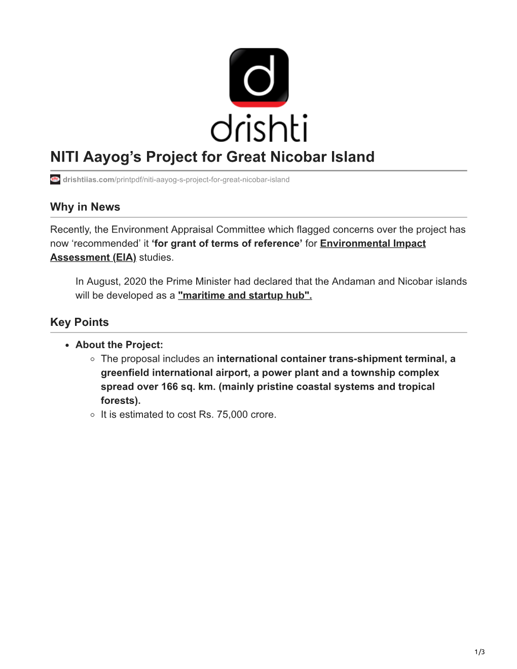 NITI Aayog's Project for Great Nicobar Island