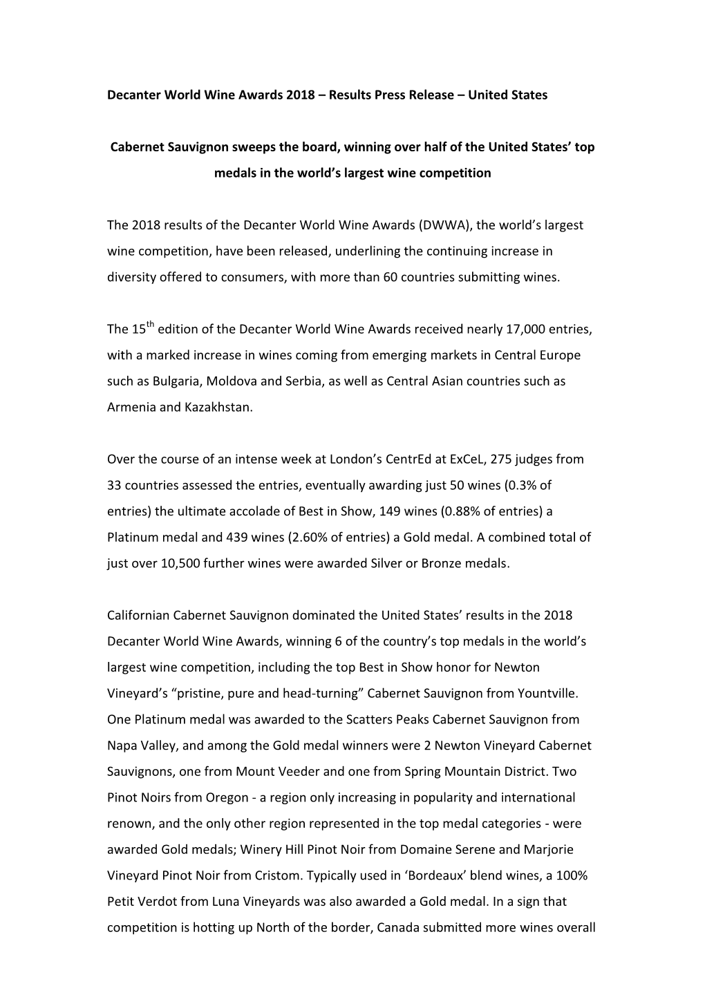 Decanter World Wine Awards 2018 – Results Press Release – United States