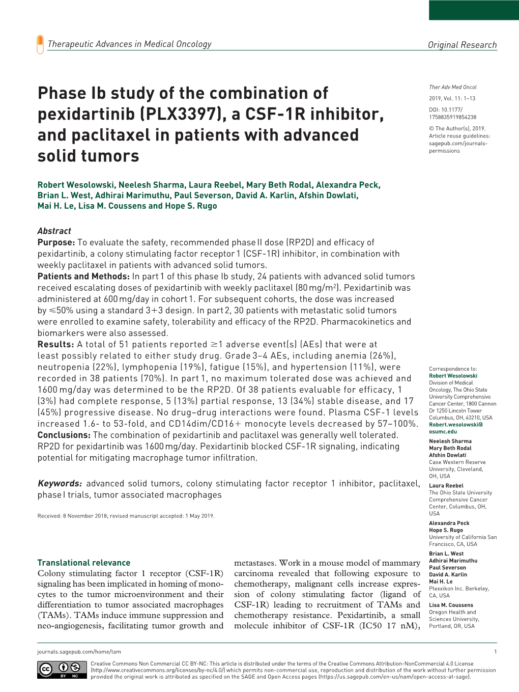 Phase Ib Study of the Combination of Pexidartinib (PLX3397), a CSF-1R Inhibitor, and Paclitaxel in Patients with Advanced Solid