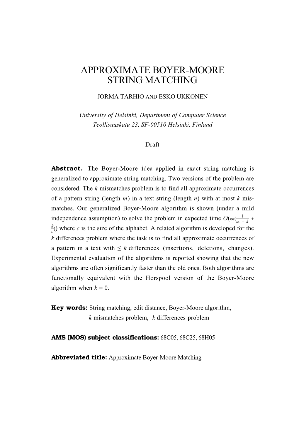 Approximate Boyer-Moore String Matching