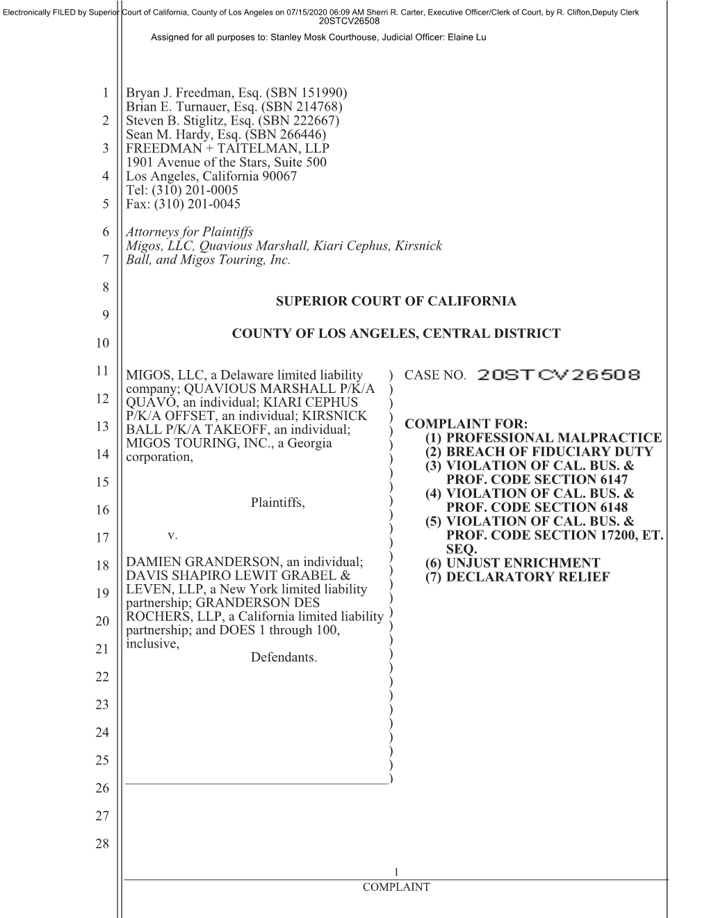 6 Attorneys for Plaintiffs Migos, LLC, Quavious Marshall, Kiari Cephus, Kirsnick 7 Ball, and Migos Touring, Inc