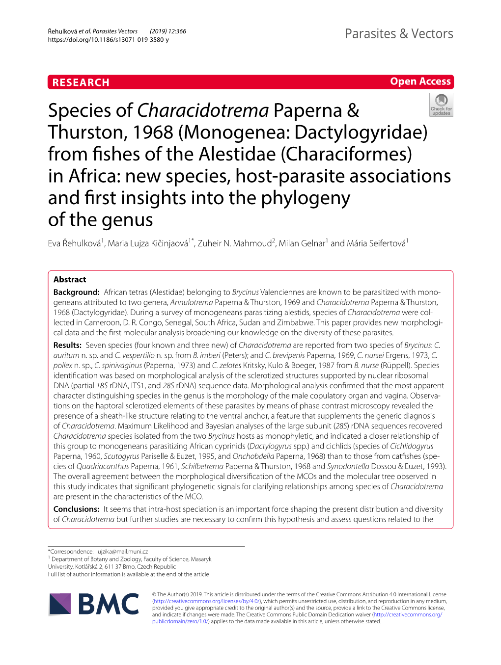 Species of Characidotrema Paperna & Thurston, 1968 (Monogenea