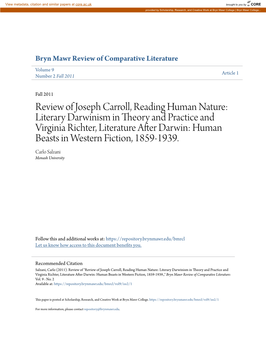 Review of Joseph Carroll, Reading Human Nature: Literary Darwinism