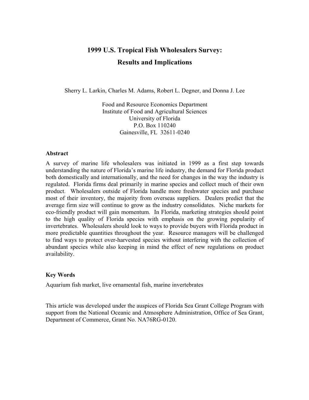 1999 US Tropical Fish Wholesalers Survey