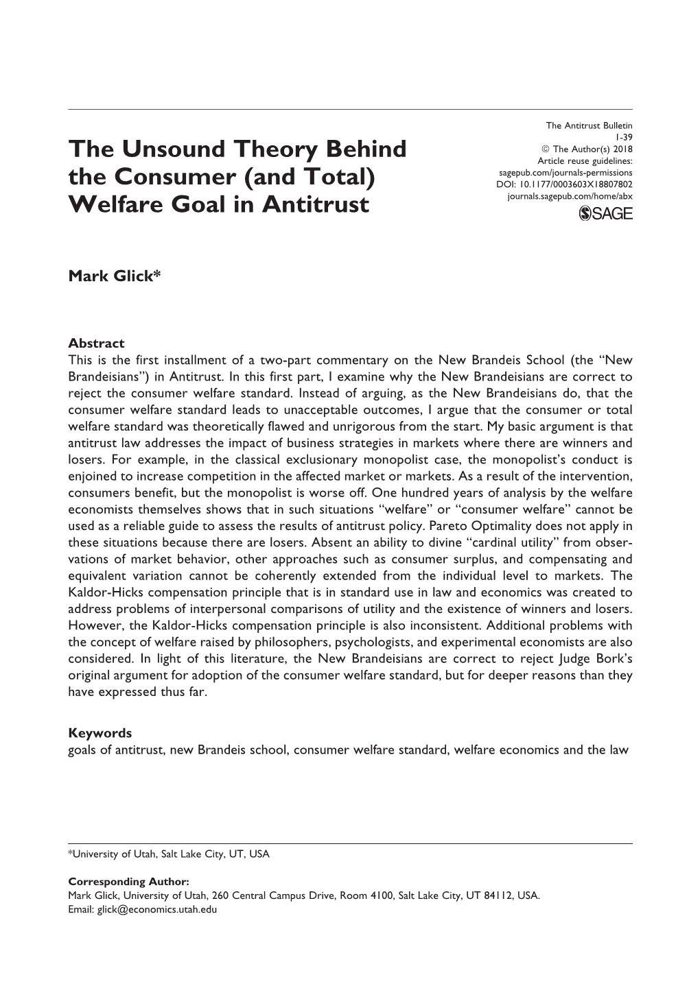 Welfare Goal in Antitrust Journals.Sagepub.Com/Home/Abx