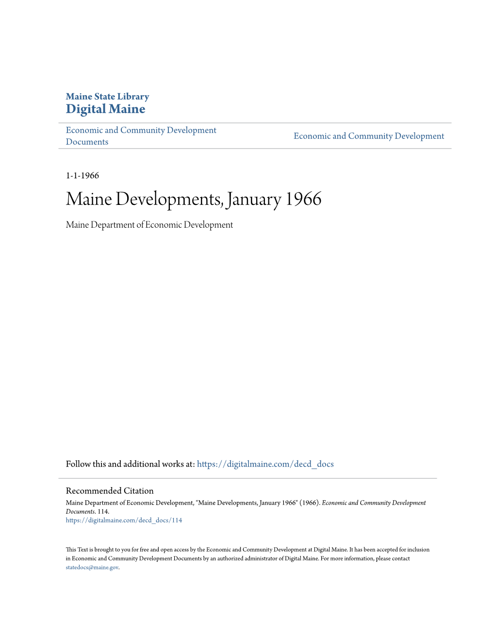 Maine Developments, January 1966 Maine Department of Economic Development