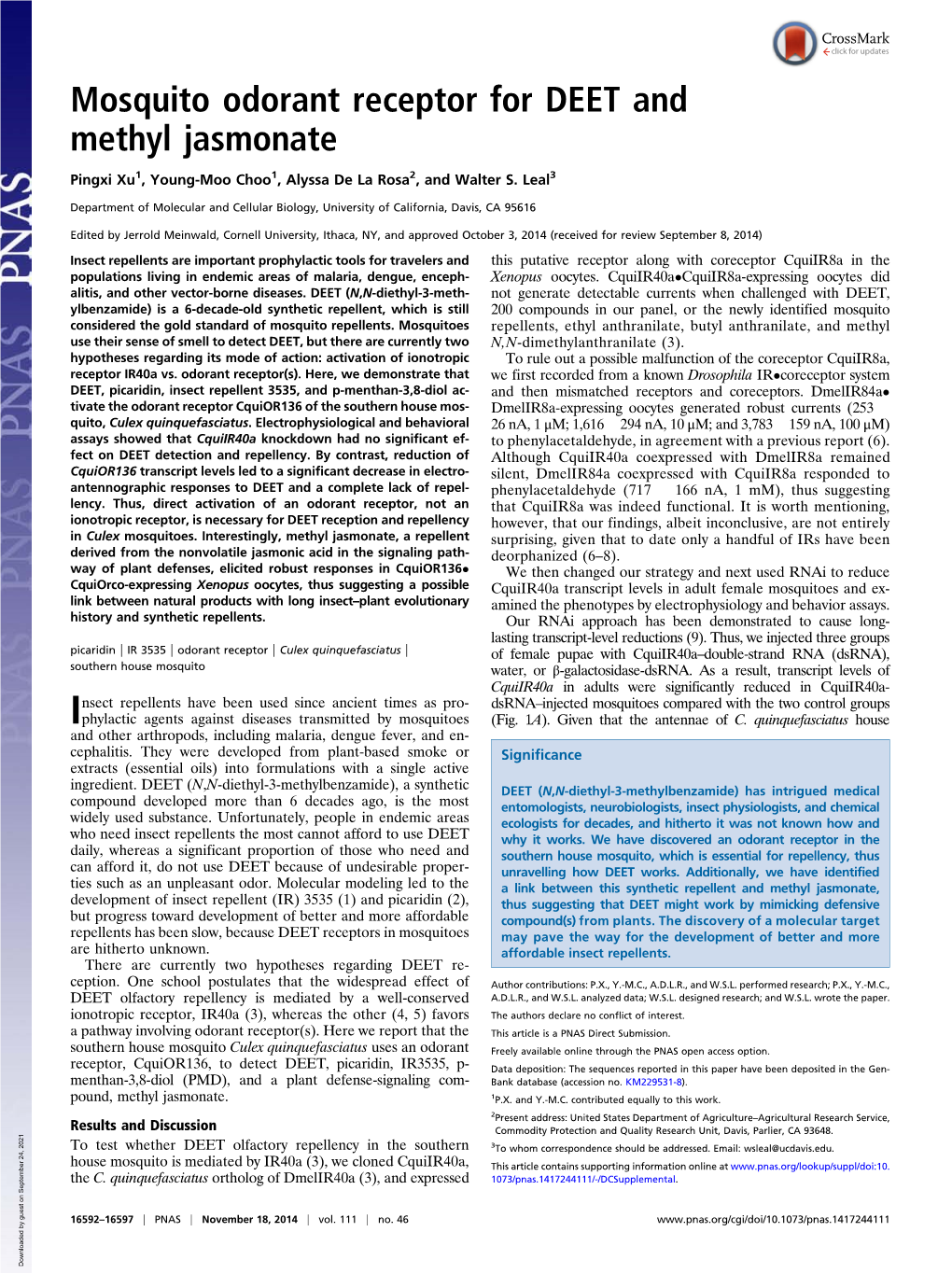 Mosquito Odorant Receptor for DEET and Methyl Jasmonate