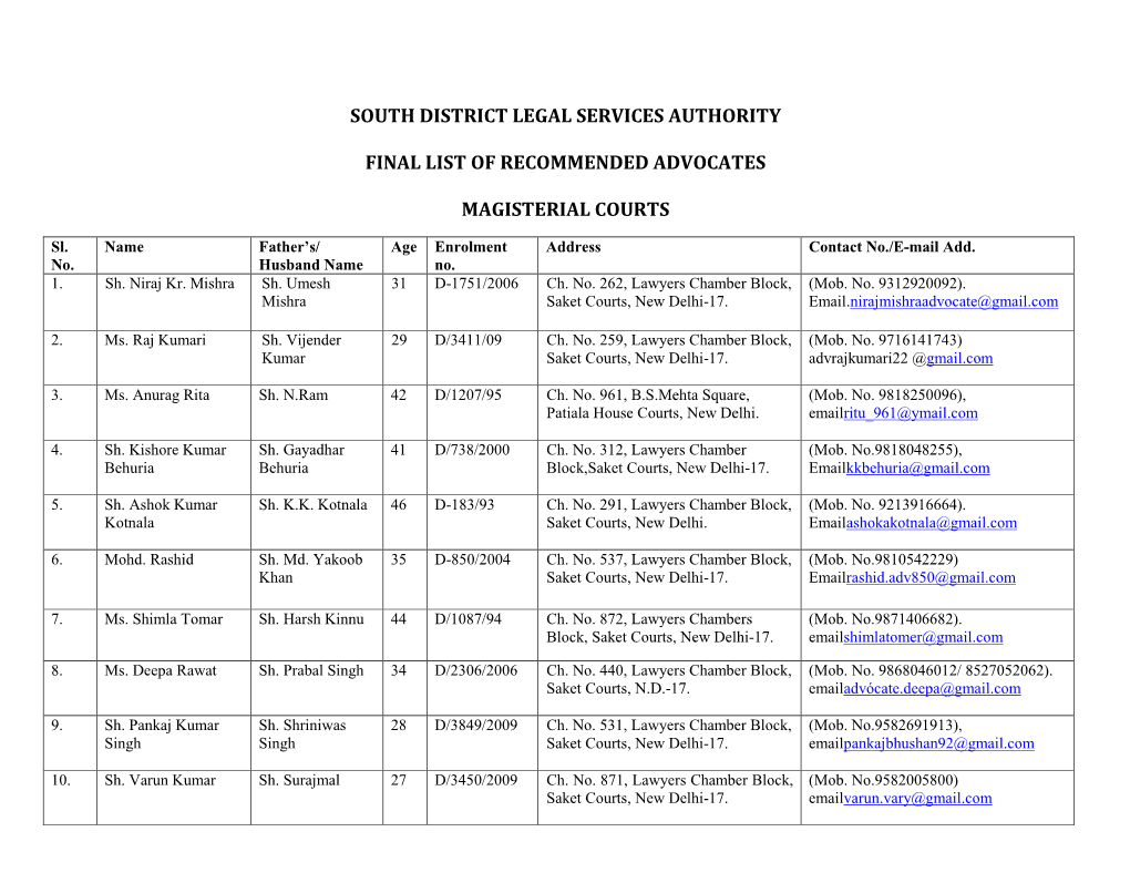 List of Recommended Advocates In