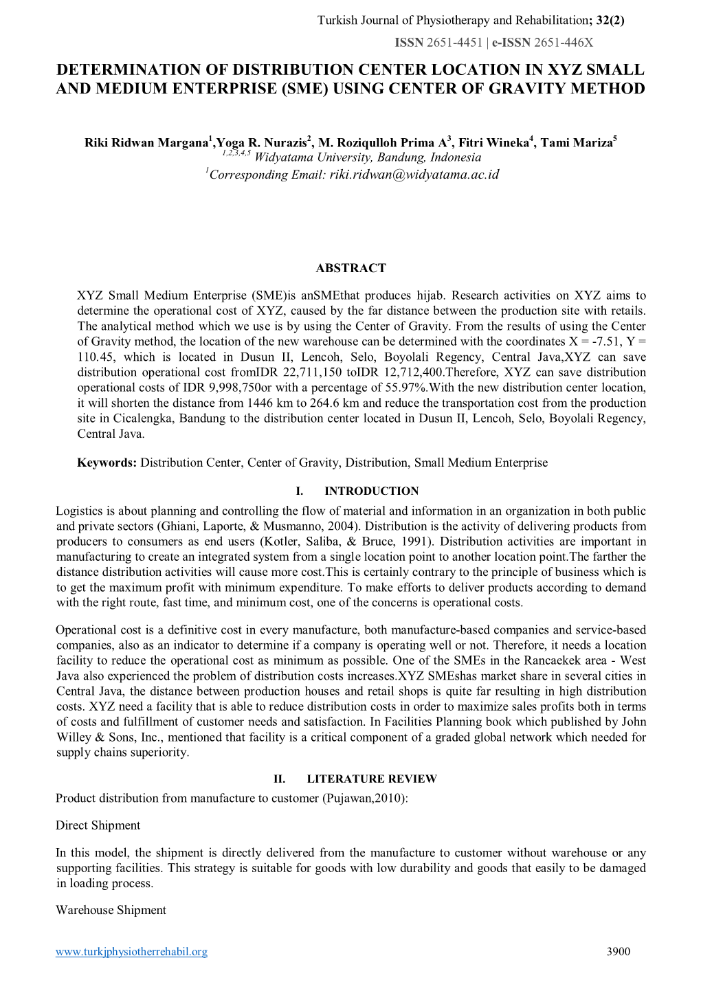 Determination of Distribution Center Location in Xyz Small and Medium Enterprise (Sme) Using Center of Gravity Method