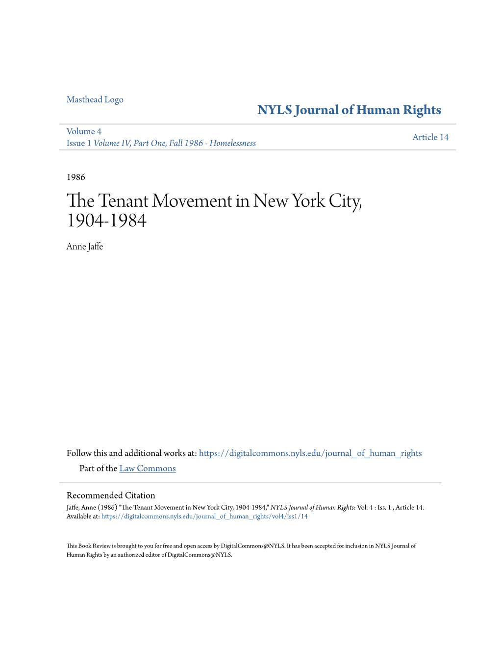 The Tenant Movement in New York City, 1904-1984
