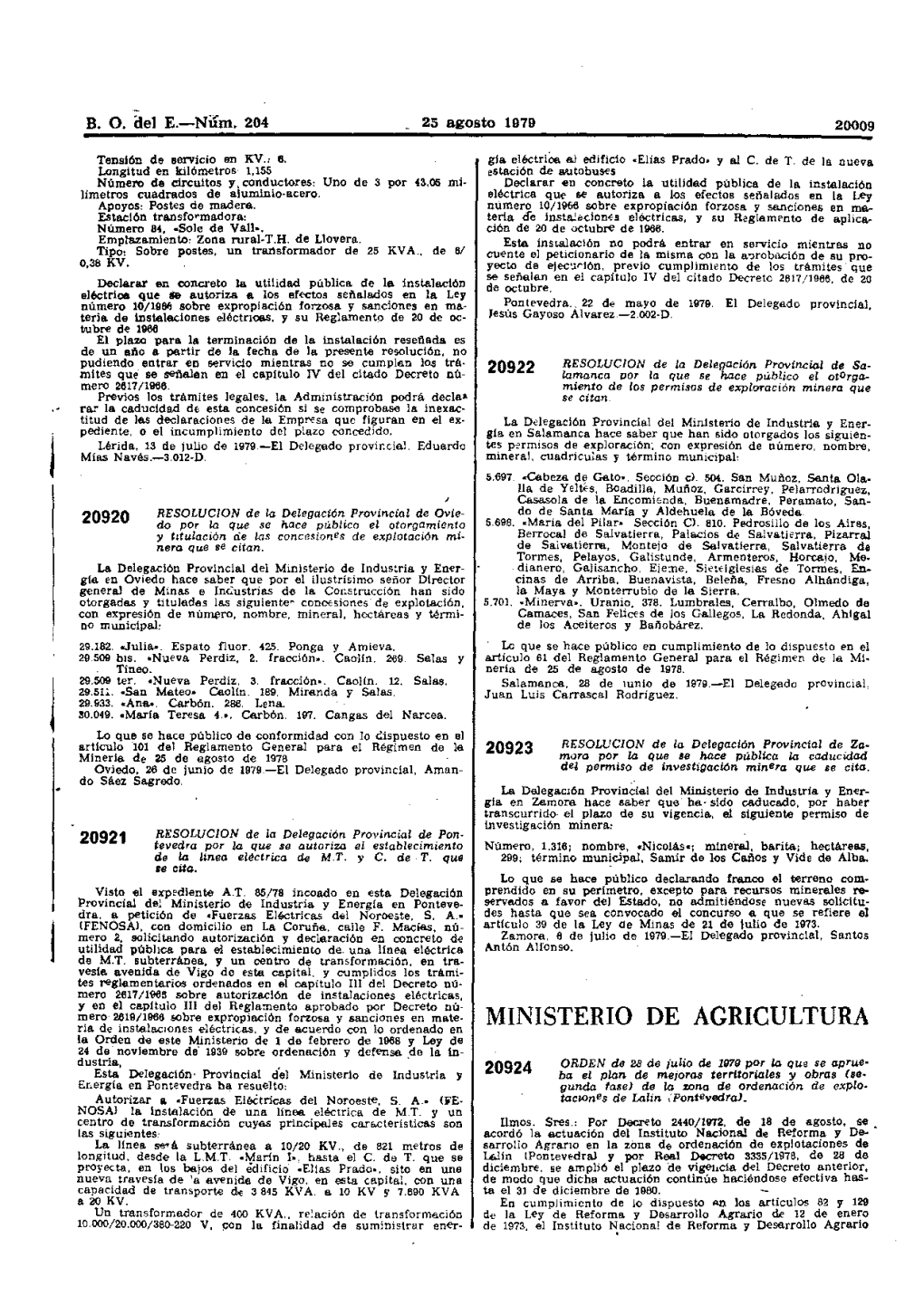 MINISTERIO DE AGRICULTURA La Orden De Este Ministerio De 1 De Febrero De 1968 Y Ley De 24 De Noviembre De' 1939 Sobre Ordenación Y Defensa De La In- Dustria