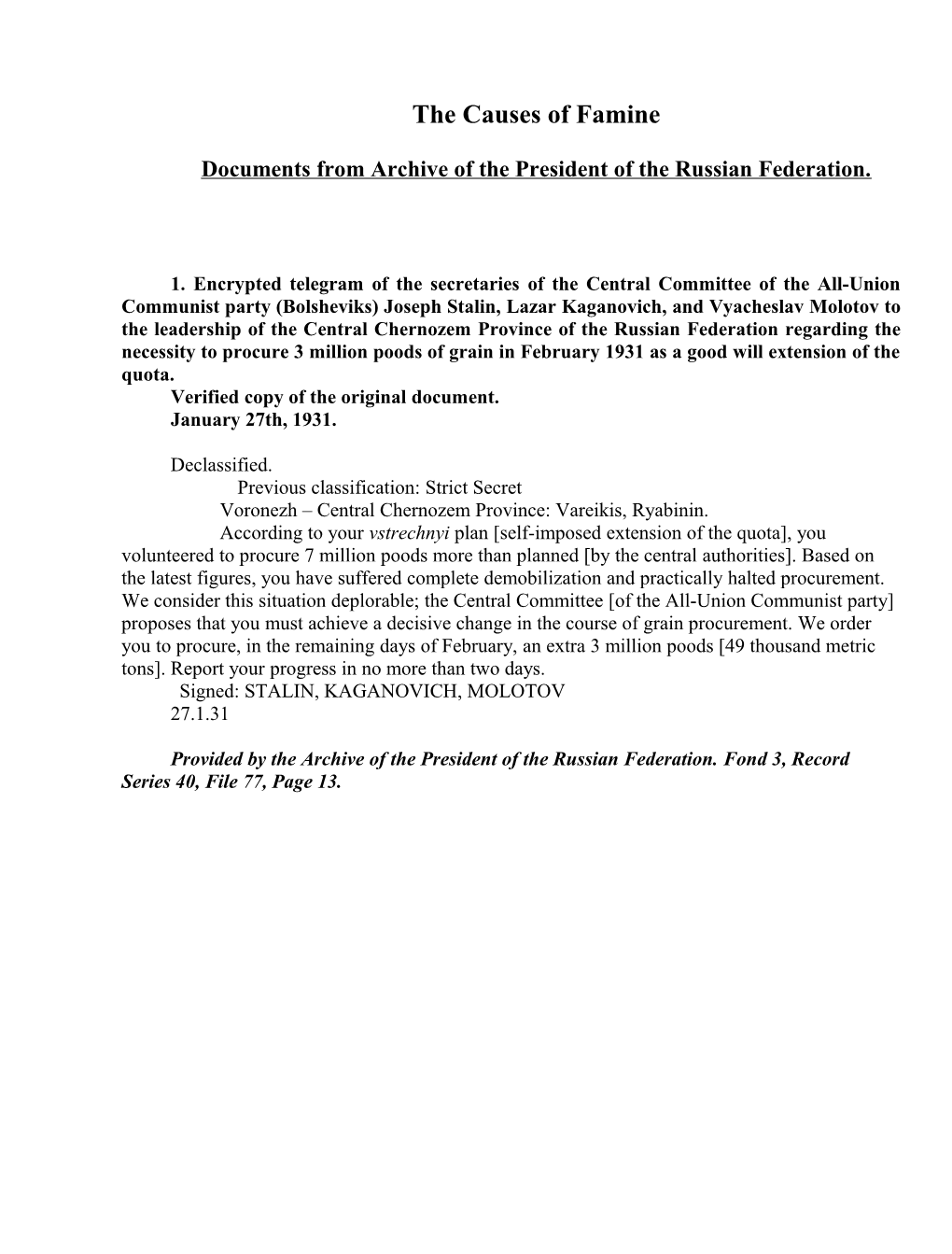 Documents from Archive of the President of the Russian Federation