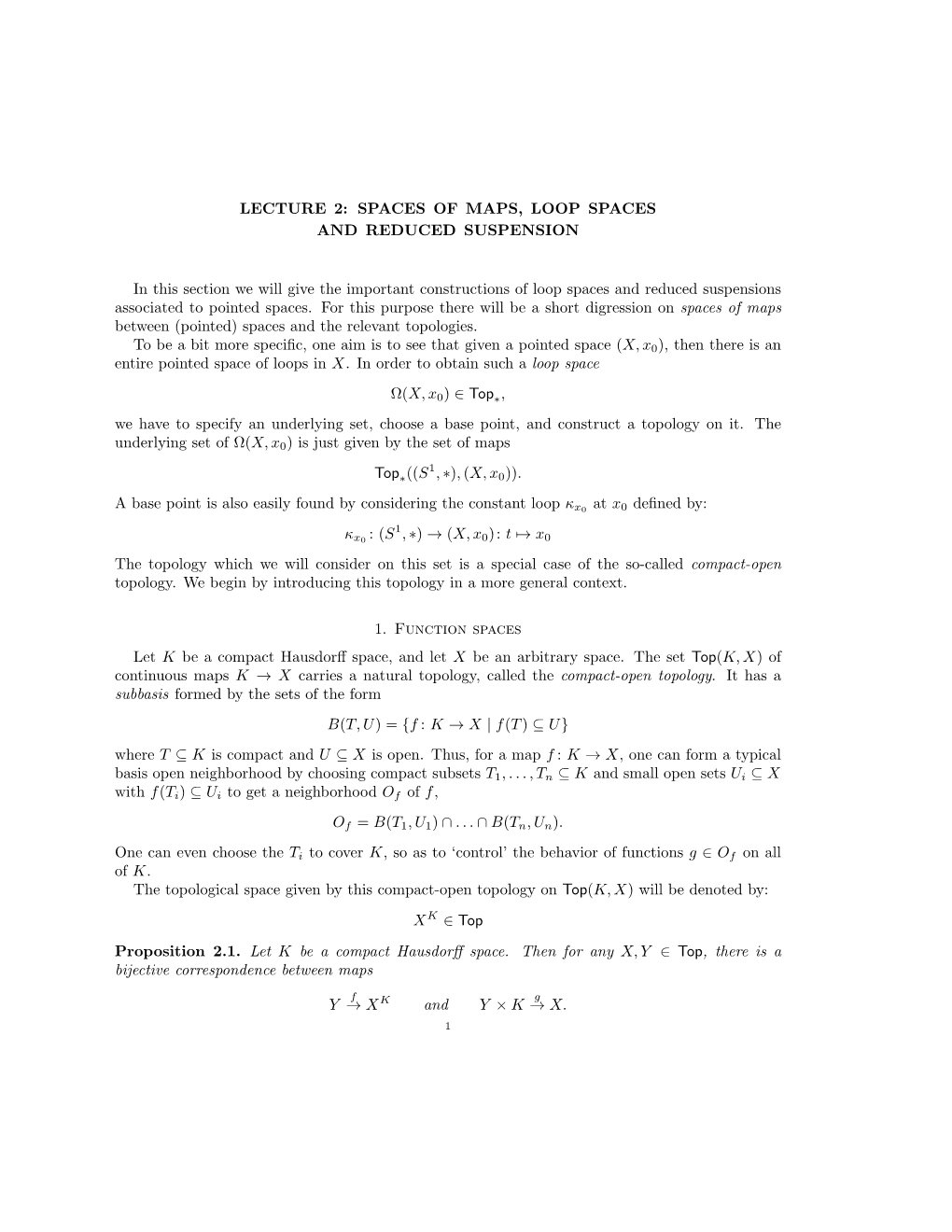 Lecture 2: Spaces of Maps, Loop Spaces and Reduced Suspension