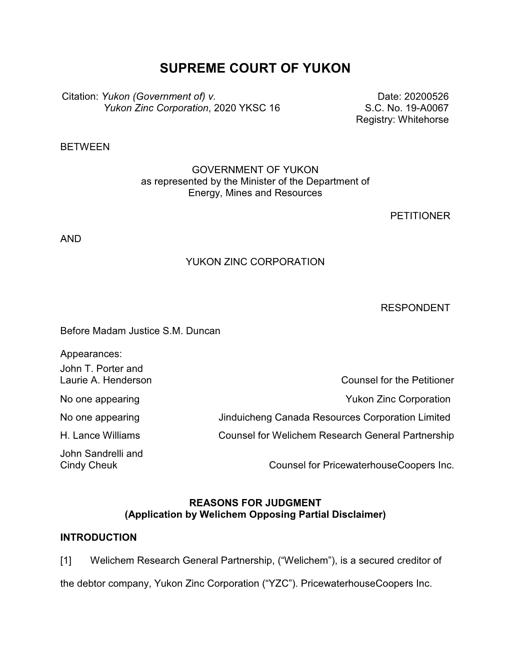 Yukon (Government Of) V. Yukon Zinc Corporation, 2020 YKSC 16 May 26