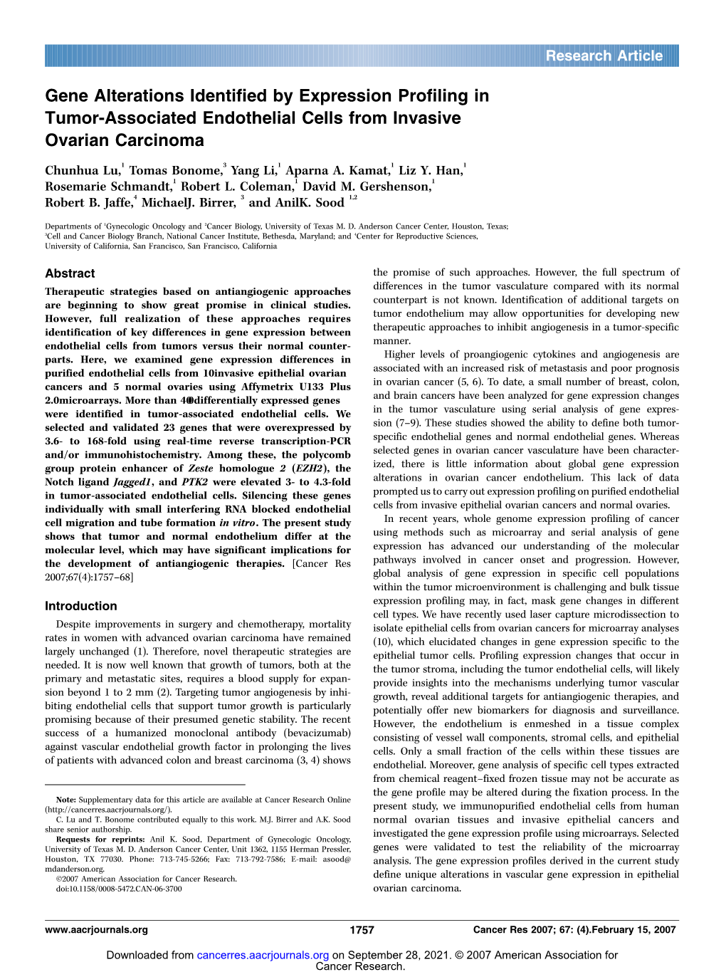 Gene Alterations Identified by Expression Profiling in Tumor-Associated Endothelial Cells from Invasive Ovarian Carcinoma