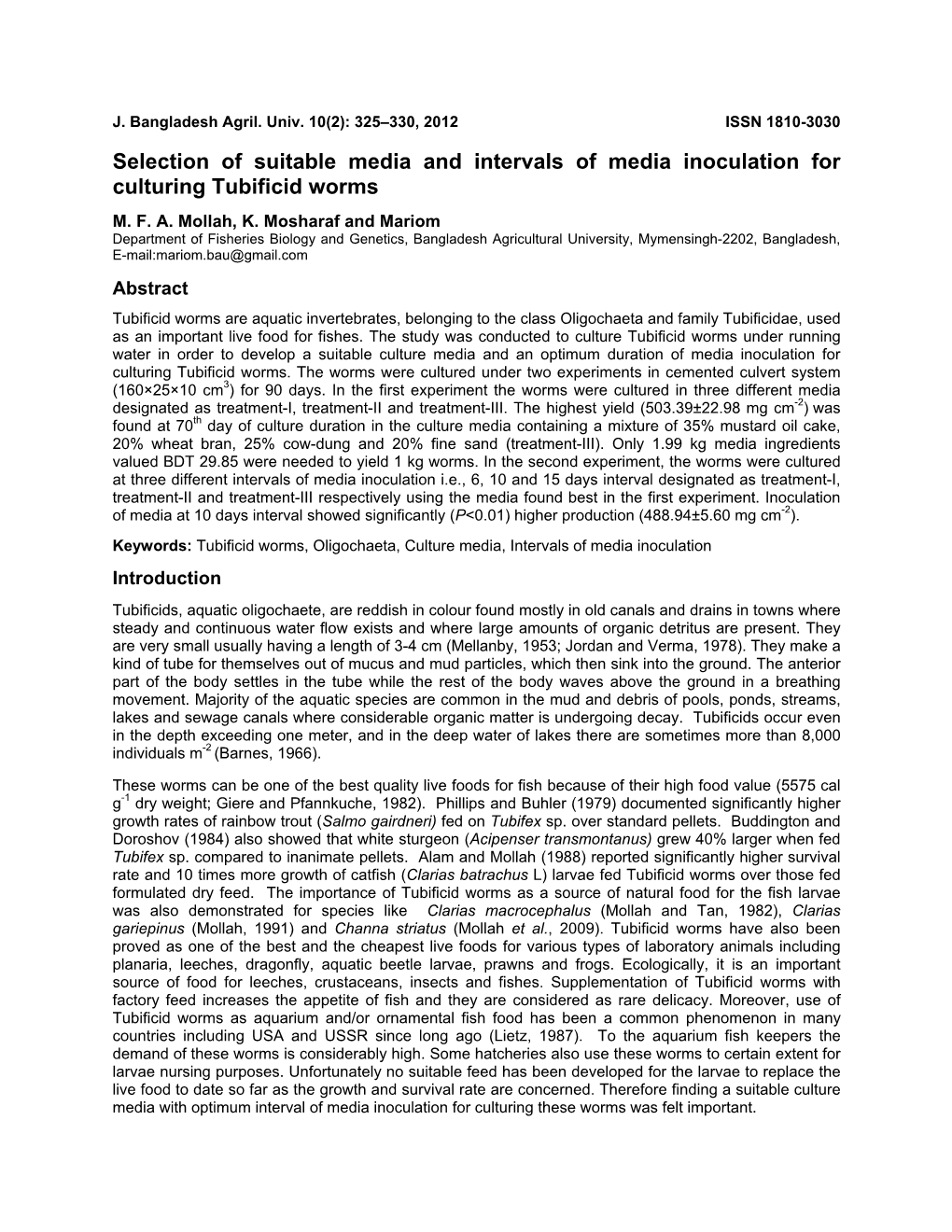 Selection of Suitable Media and Intervals of Media Inoculation for Culturing Tubificid Worms