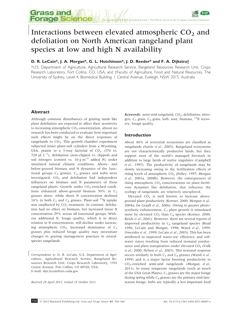 Interactions Between Elevated Atmospheric CO2 and Defoliation on North American Rangeland Plant Species at Low and High N Availability