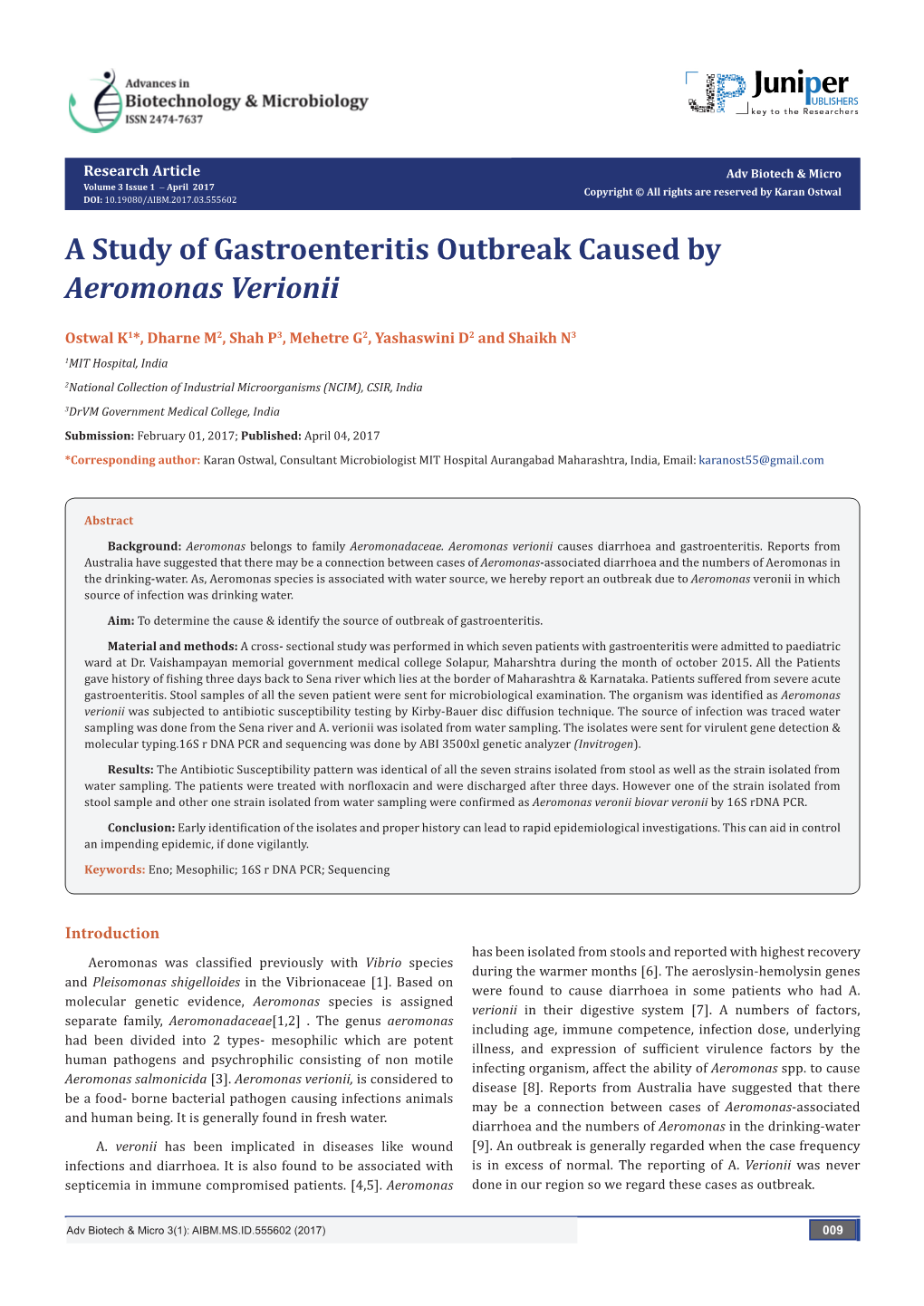 A Study of Gastroenteritis Outbreak Caused by Aeromonas Verionii