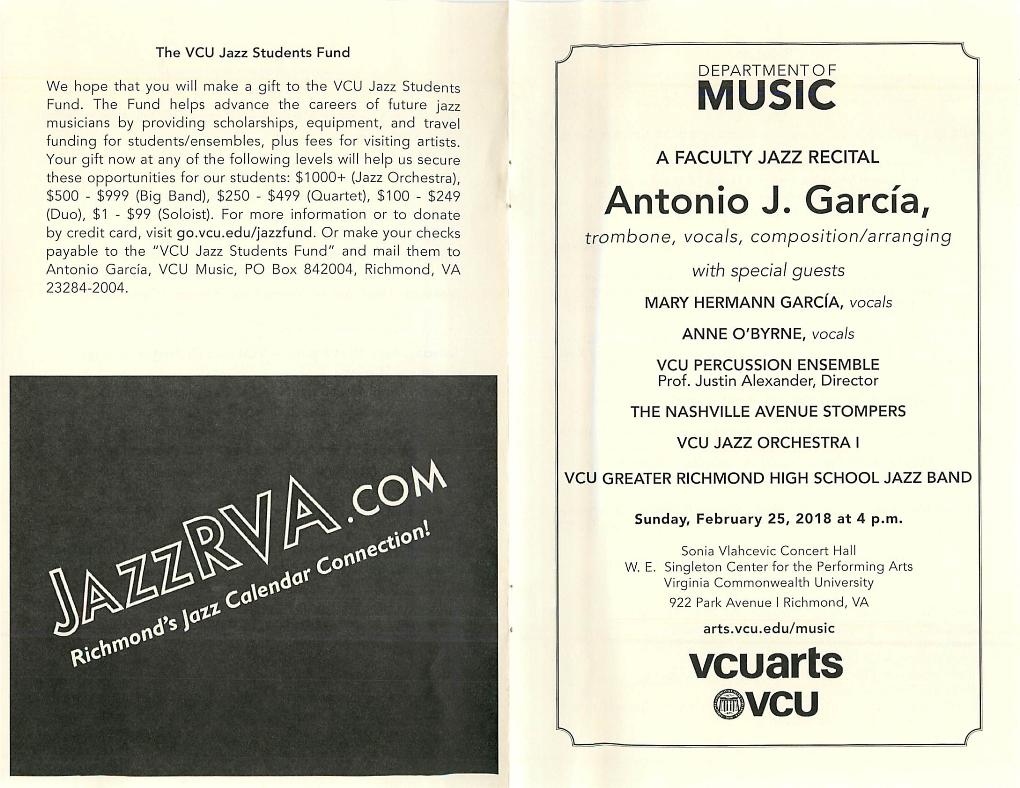 Antonio J. Garcfa, by Credit Card, Visit Go.Vcu.Edu/Jazzfund