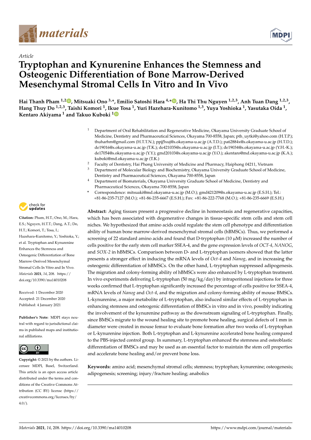 Tryptophan and Kynurenine Enhances the Stemness and Osteogenic Differentiation of Bone Marrow-Derived Mesenchymal Stromal Cells in Vitro and in Vivo