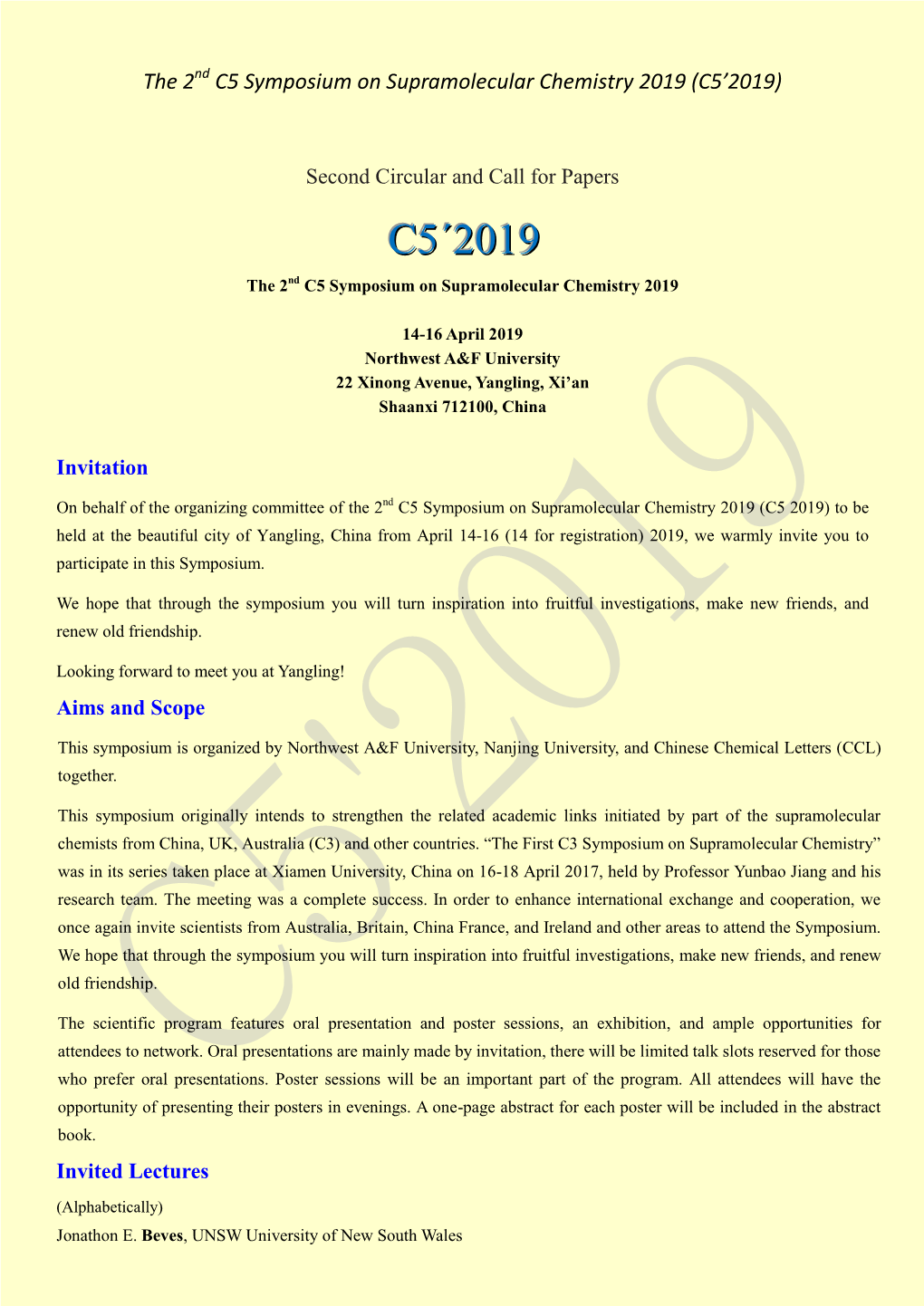 C5 2019) to Be Held at the Beautiful City of Yangling, China from April 14-16 (14 for Registration) 2019, We Warmly Invite You to Participate in This Symposium