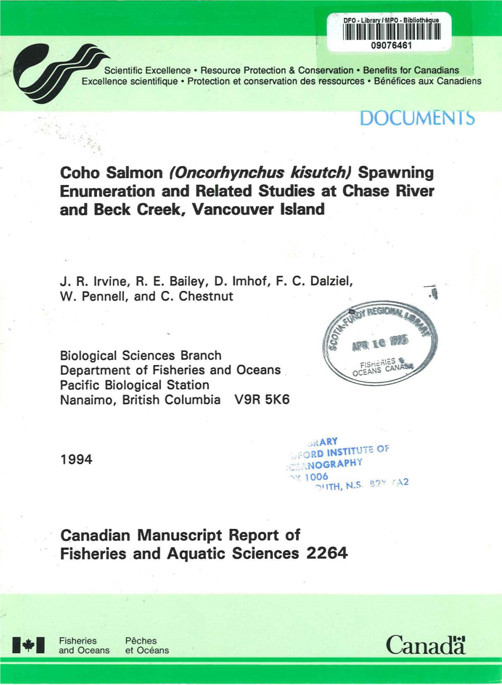 Coho Salmon (Oncorhynchus Kisutch) Spawning Enumeration and Related Studies at Chase River and Beck Creek, Vancouver Island