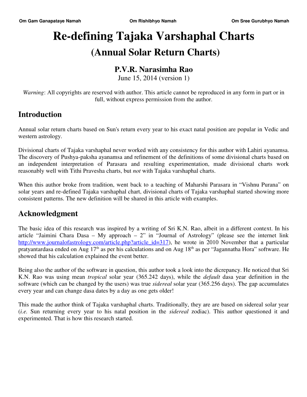 Re-Defining Tajaka Varshaphal Charts (Annual Solar Return Charts)