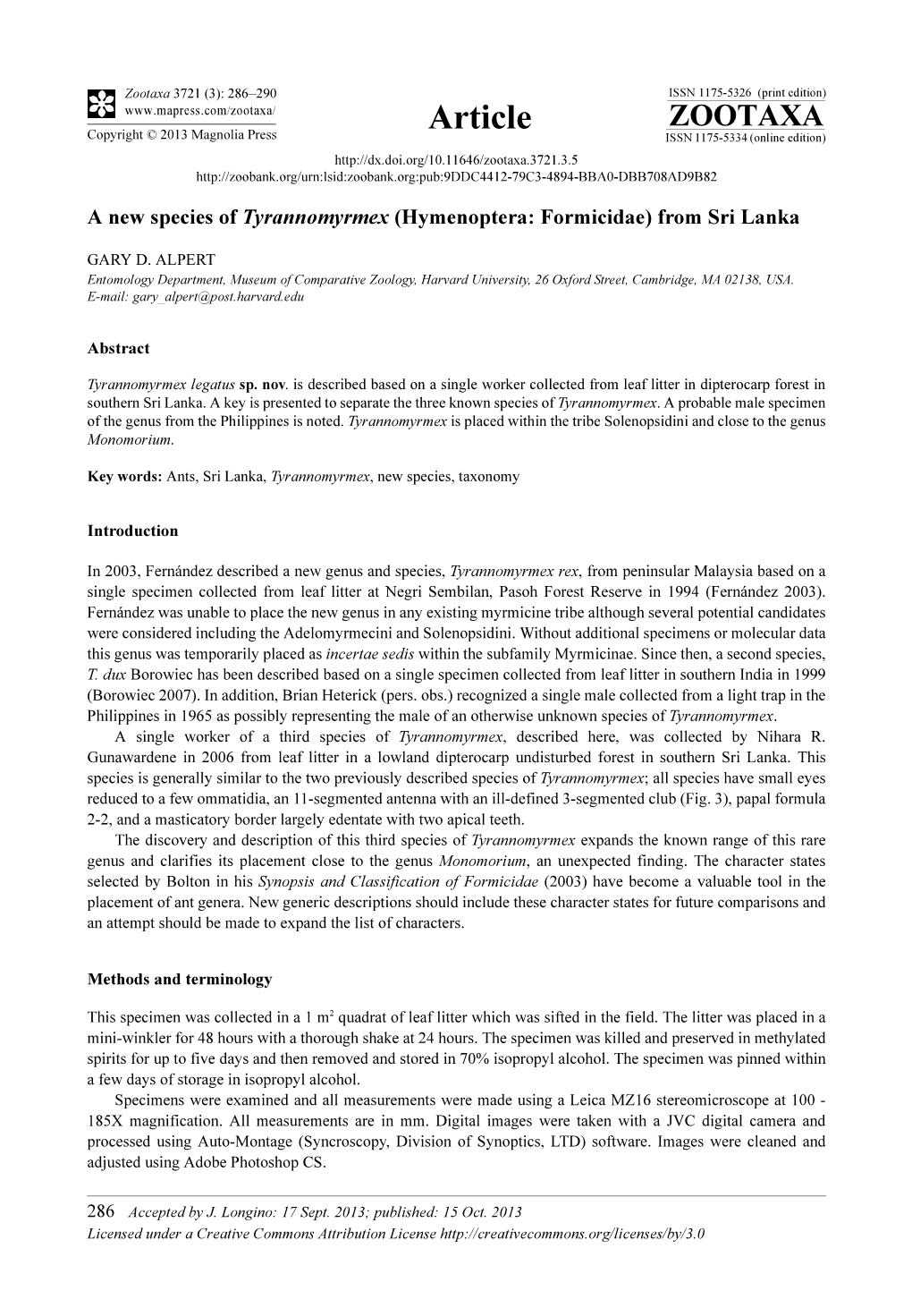 A New Species of Tyrannomyrmex (Hymenoptera: Formicidae) from Sri Lanka