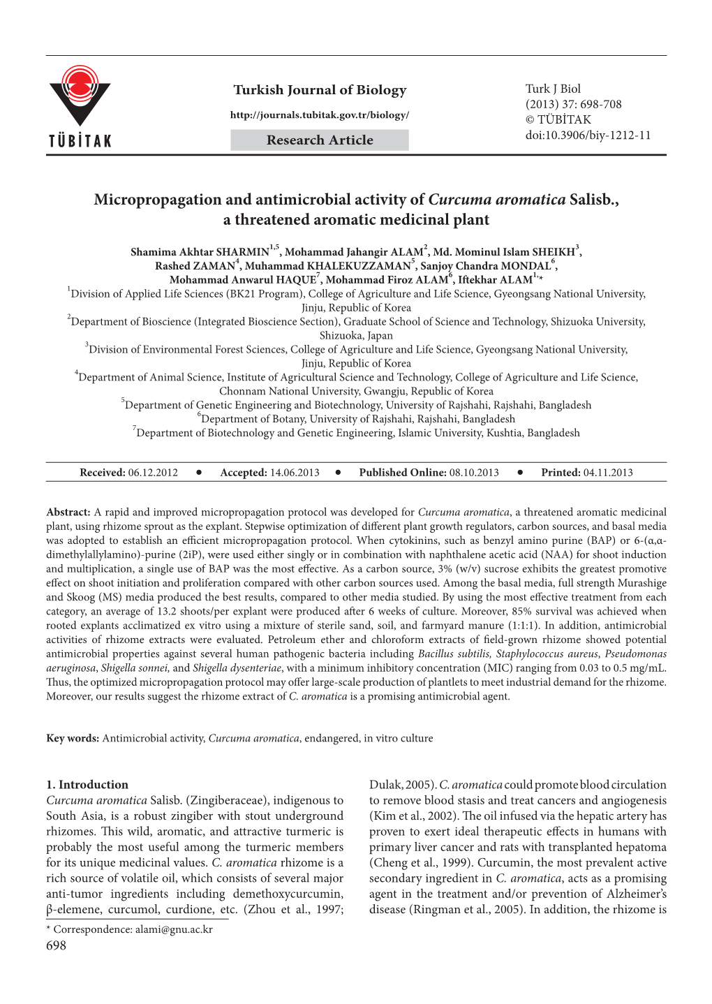 Micropropagation and Antimicrobial Activity of Curcuma Aromatica Salisb., a Threatened Aromatic Medicinal Plant