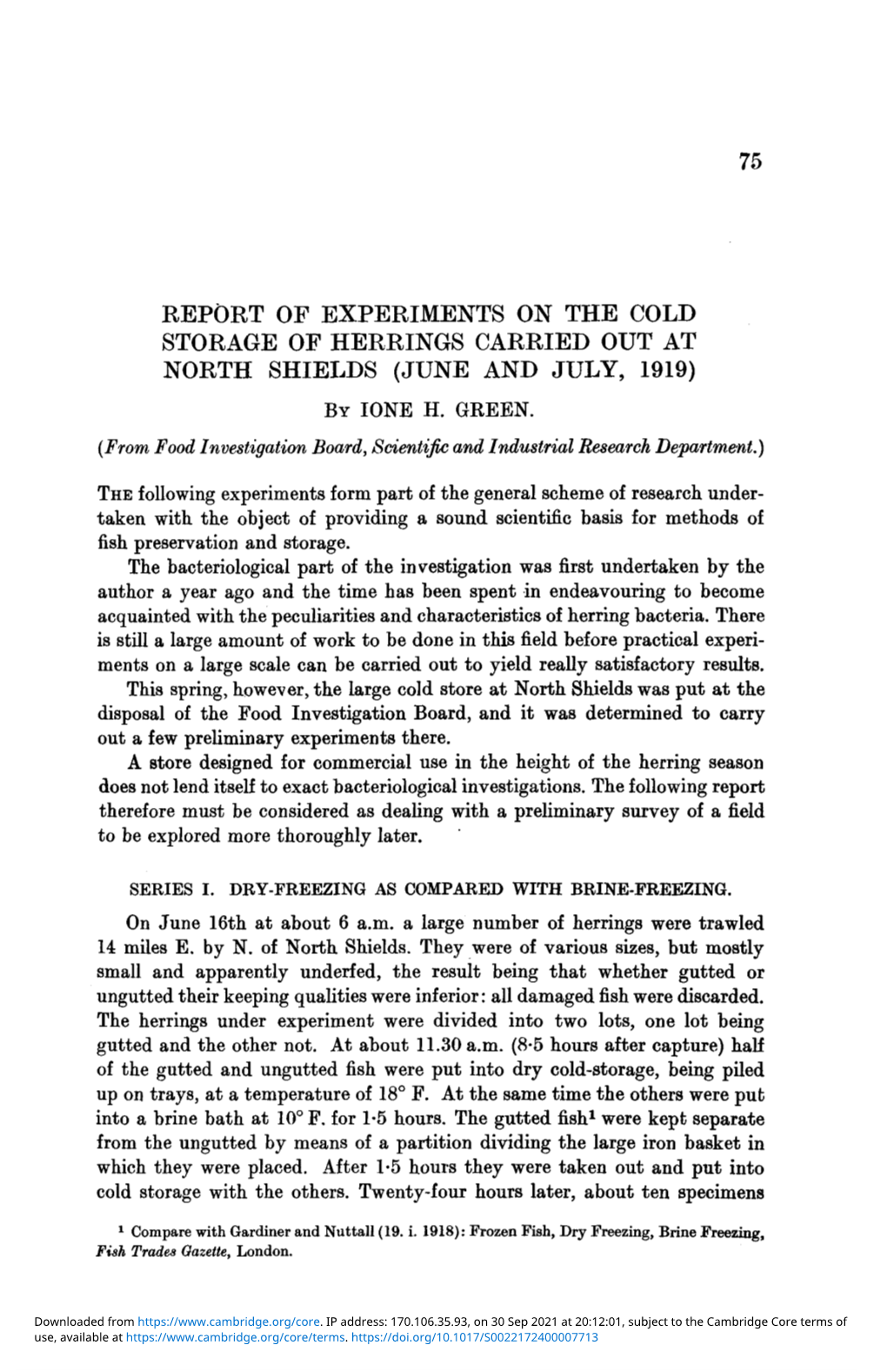 Report of Experiments on the Cold Storage of Herrings Carried out at North Shields (June and July, 1919) by Ione H