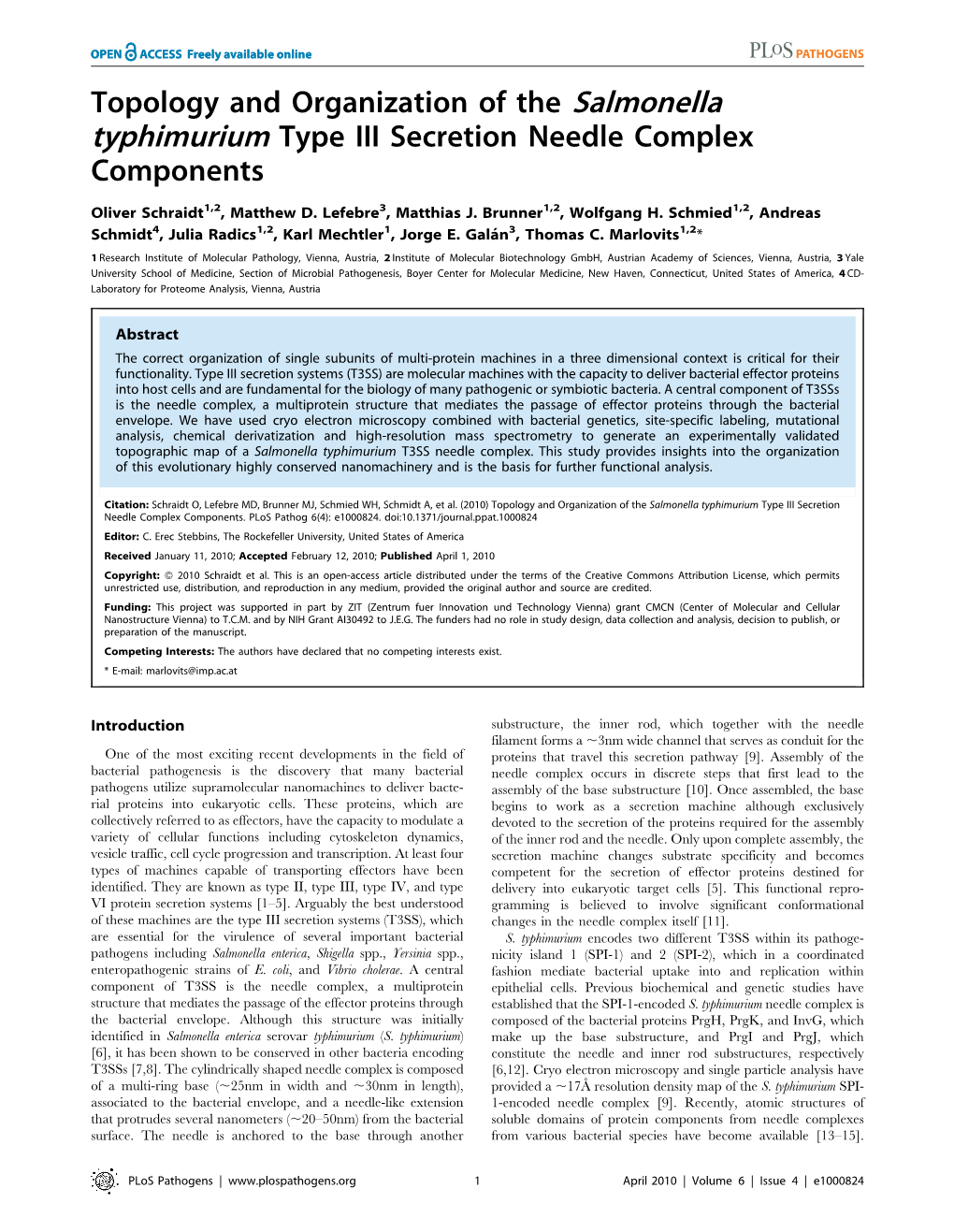 Topology and Organization of the Salmonella Typhimurium Type III Secretion Needle Complex Components