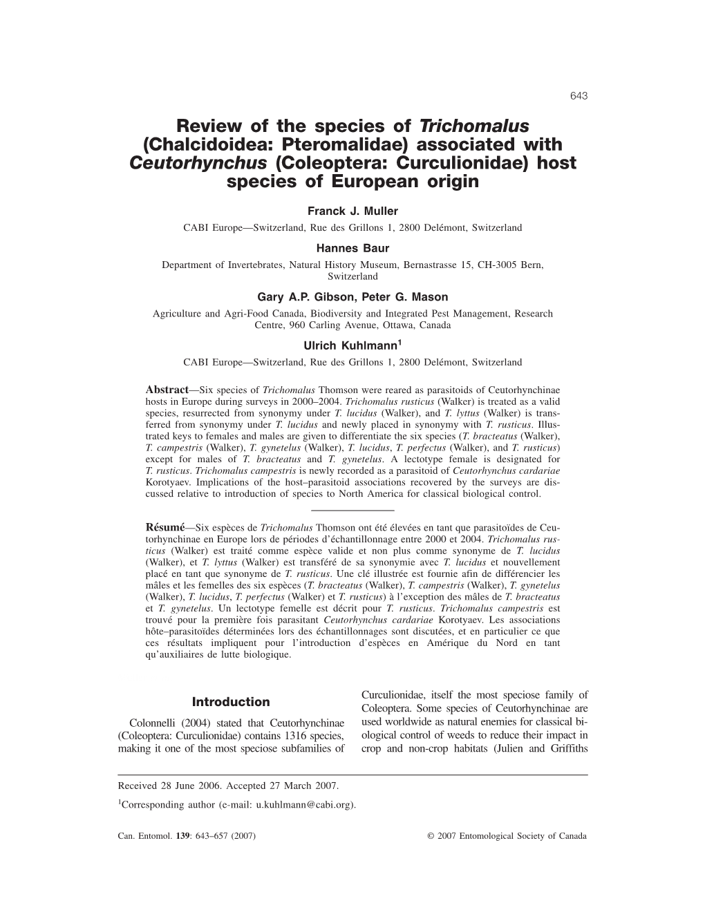 Review of the Species of Trichomalus (Chalcidoidea: Pteromalidae) Associated with Ceutorhynchus (Coleoptera: Curculionidae) Host Species of European Origin