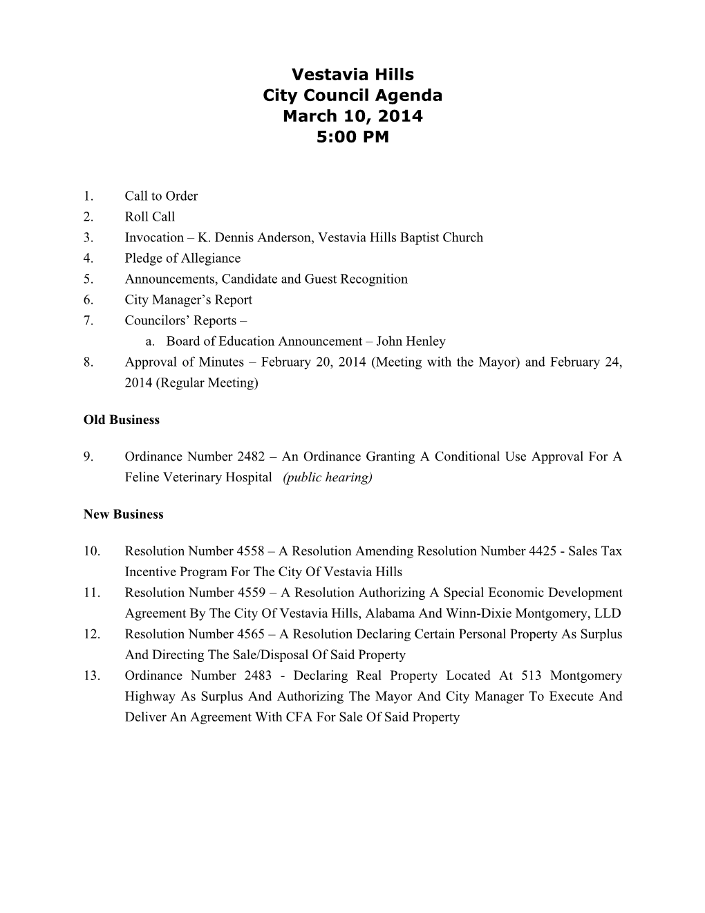 March 10, 2014 Agenda Packet