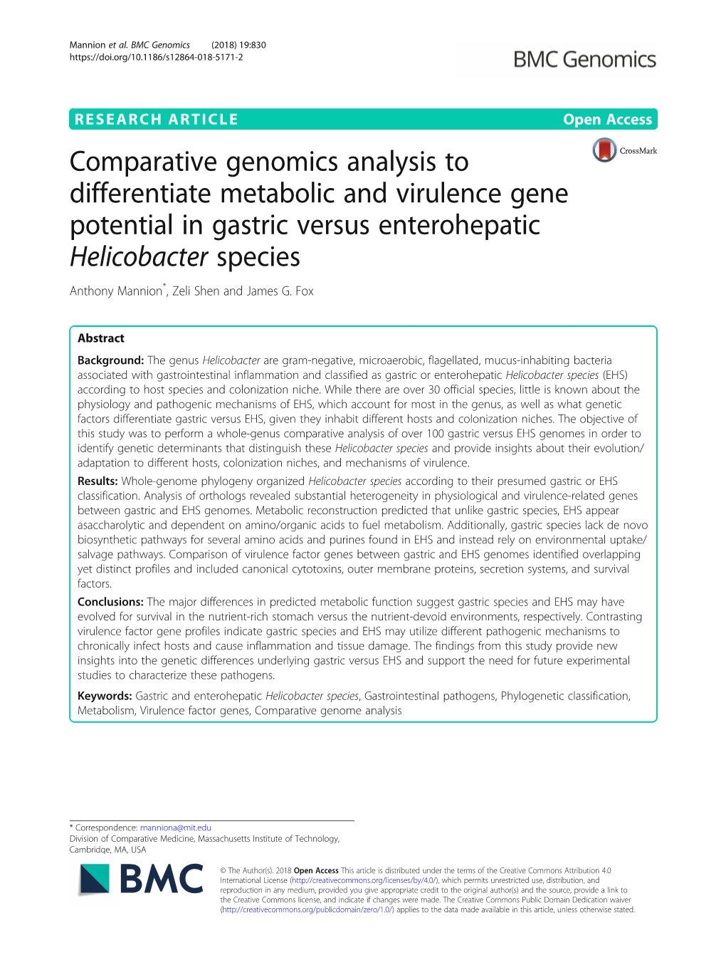 Downloaded from the National This Genus-Wide Comparative Analysis Determined That Center for Biotechnology Information Database (NCBI) Gastric Helicobacter Spp