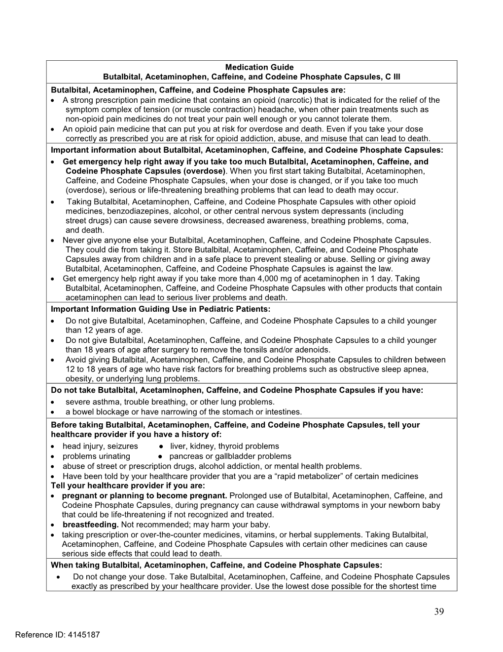 Butalbital, Acetaminophen, Caffeine, and Codeine Phosphate Capsules