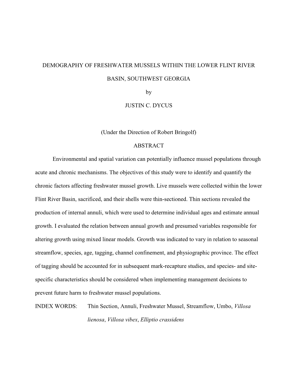 Demography of Freshwater Mussels Within the Lower Flint River