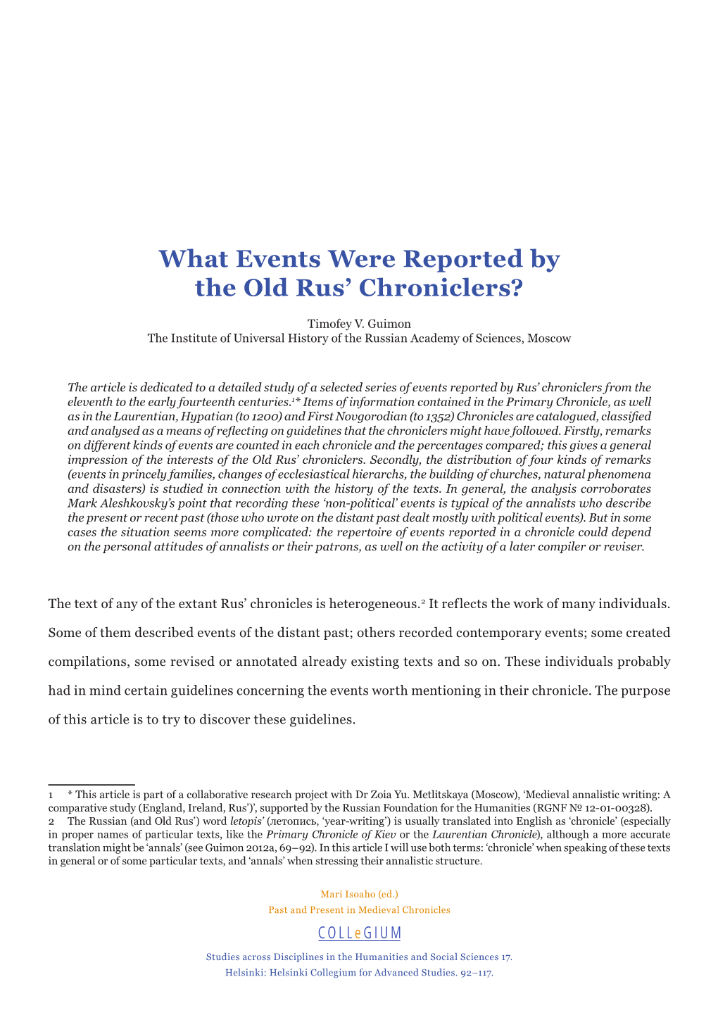 What Events Were Reported by the Old Rus' Chroniclers?