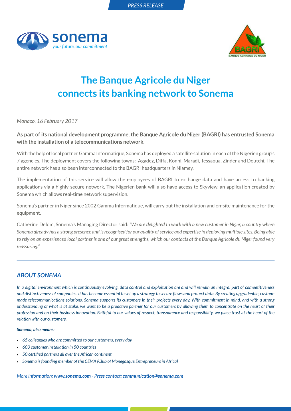 The Banque Agricole Du Niger Connects Its Banking Network to Sonema