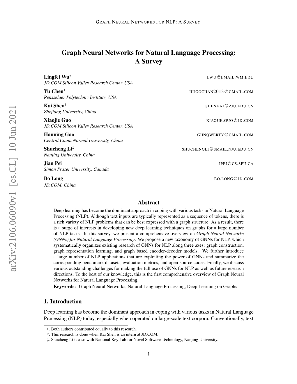 Graph Neural Networks for Natural Language Processing: a Survey