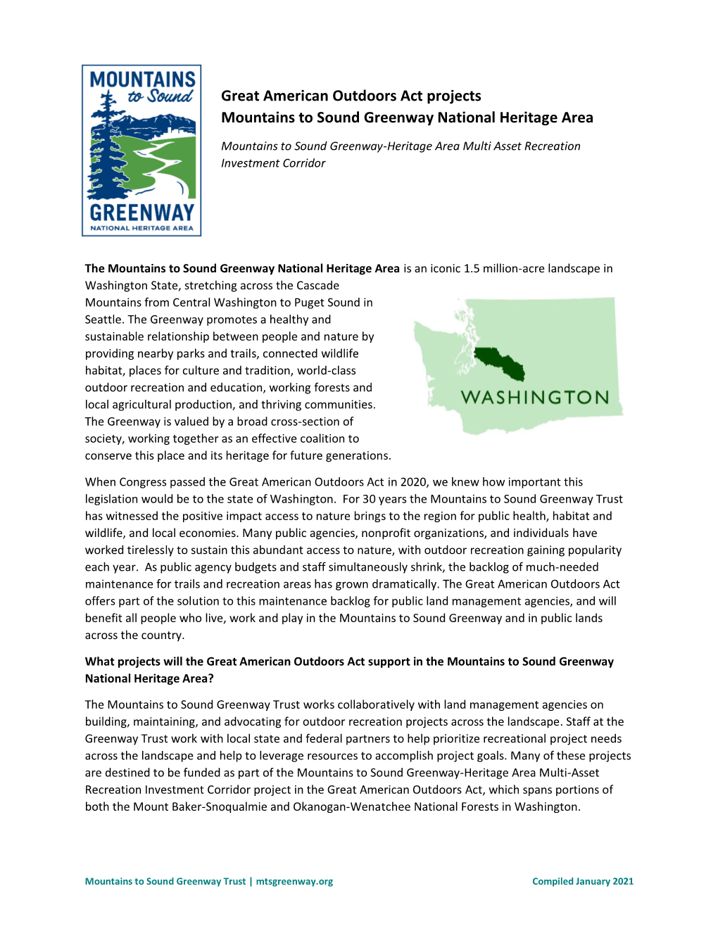 Great American Outdoors Act Projects Mountains to Sound Greenway National Heritage Area