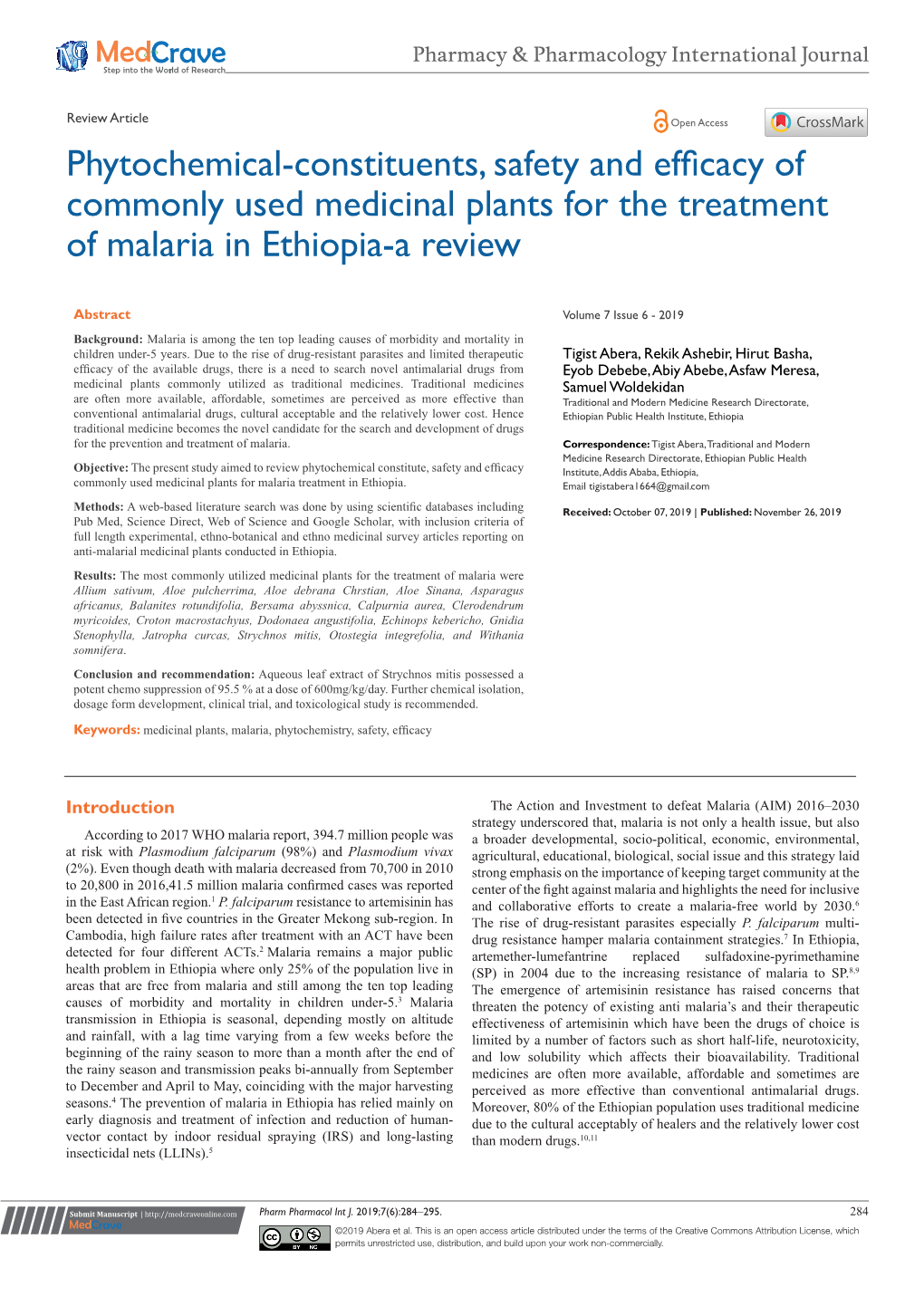 Phytochemical-Constituents, Safety and Efficacy of Commonly Used Medicinal Plants for the Treatment of Malaria in Ethiopia-A Review