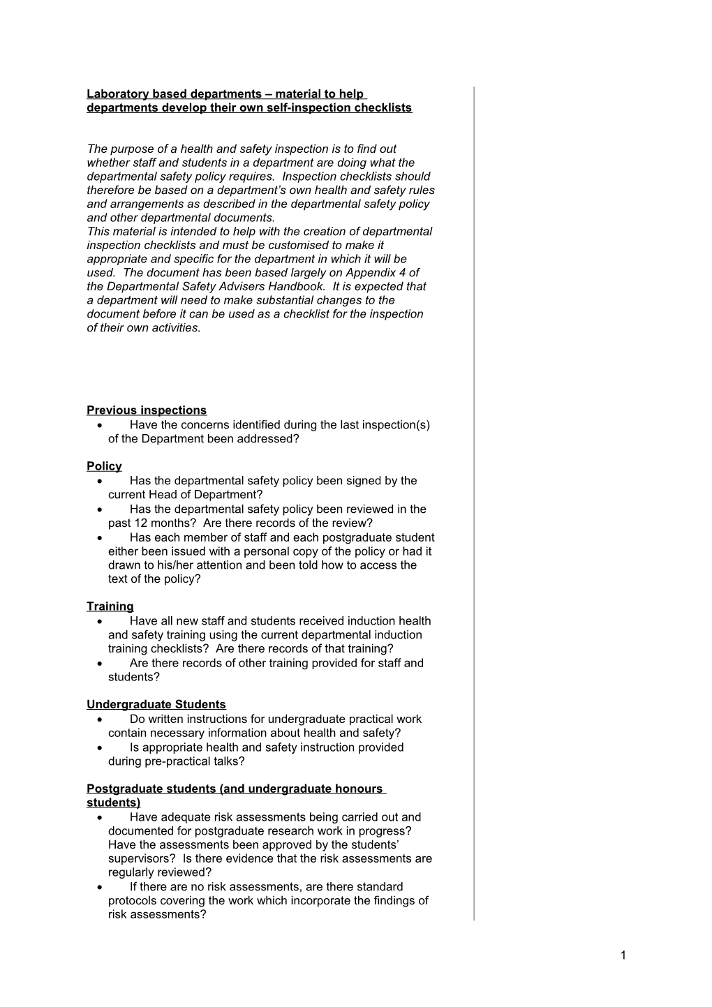 Laboratory Based Departments Material to Help Departments Develop Their Own Sef Inspection