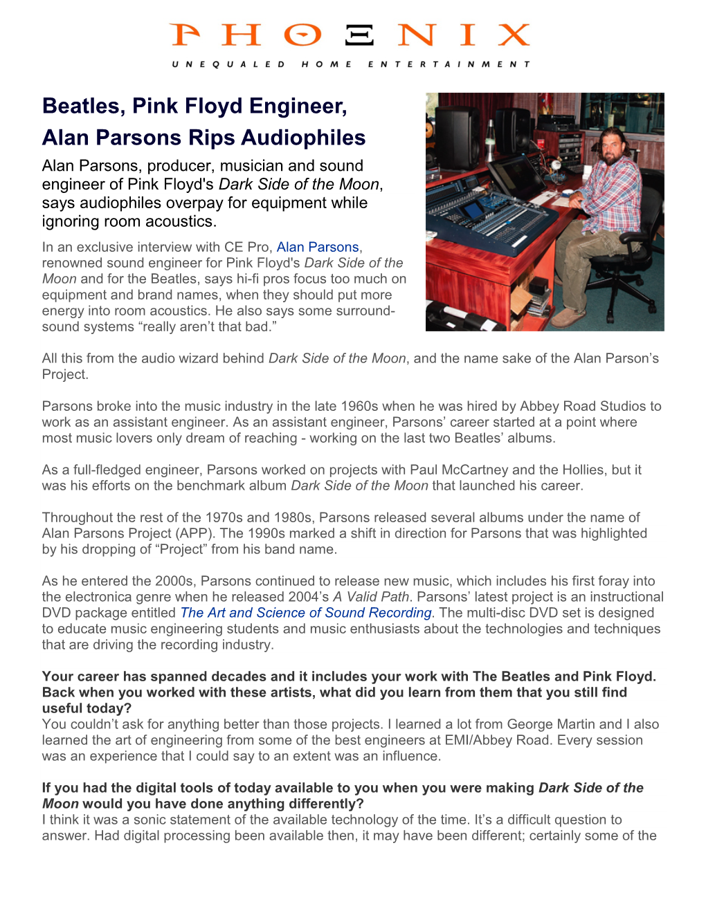 Beatles, Pink Floyd Engineer, Alan Parsons Rips Audiophiles