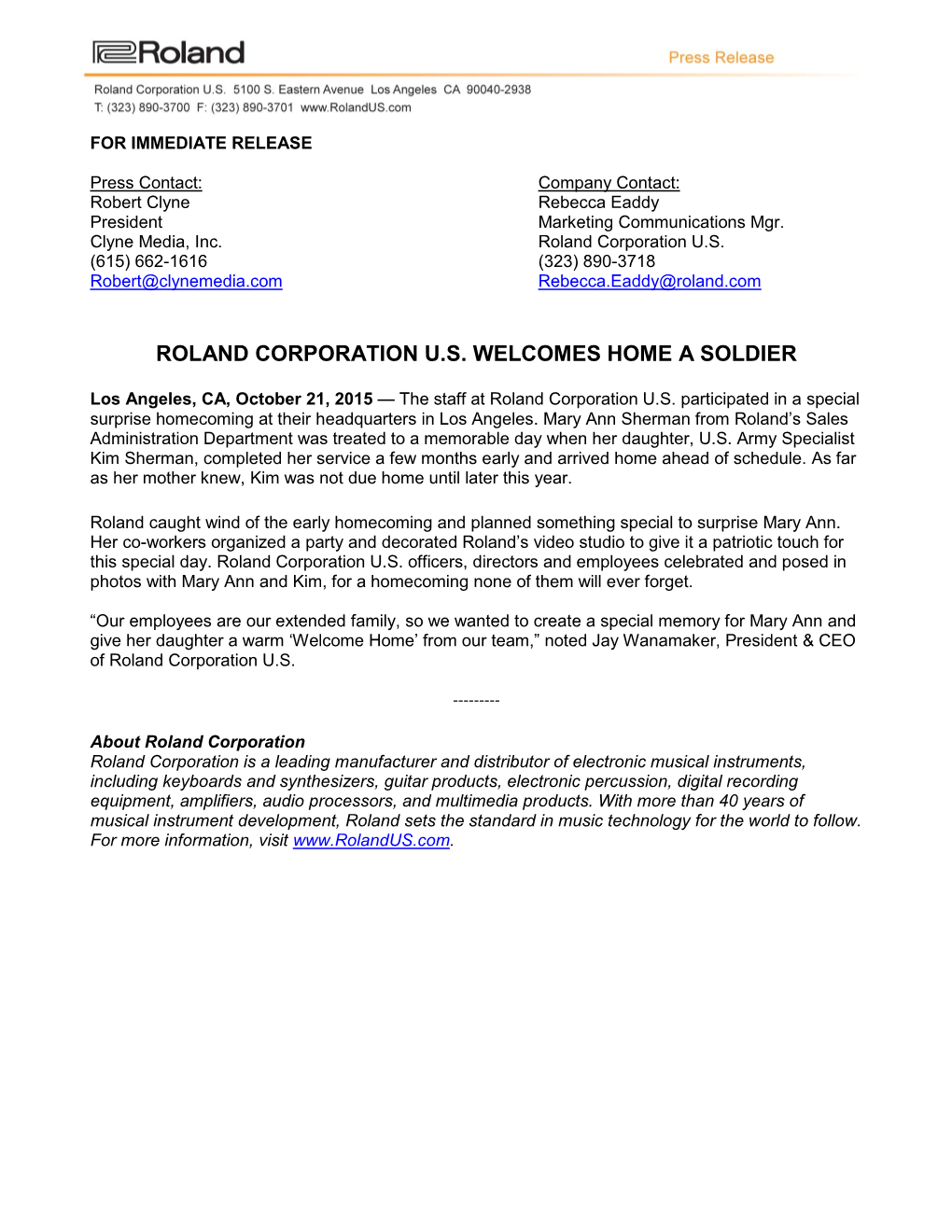 Roland Corporation U.S. Welcomes Home a Soldier