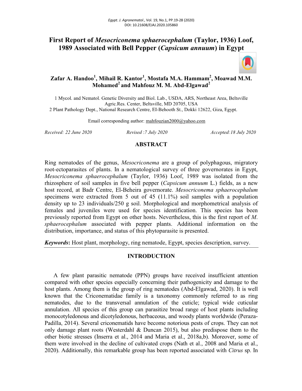 (Taylor, 1936) Loof, 1989 Associated with Bell Pepper (Capsicum Annuum) in Egypt