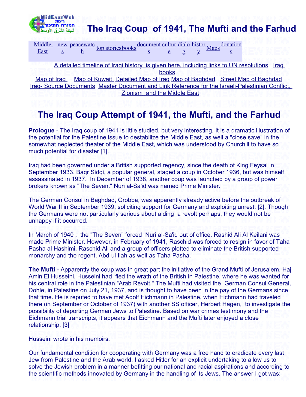 The Iraq Coup of Raschid Ali in 1941, the Mufti Husseini and the Farhud