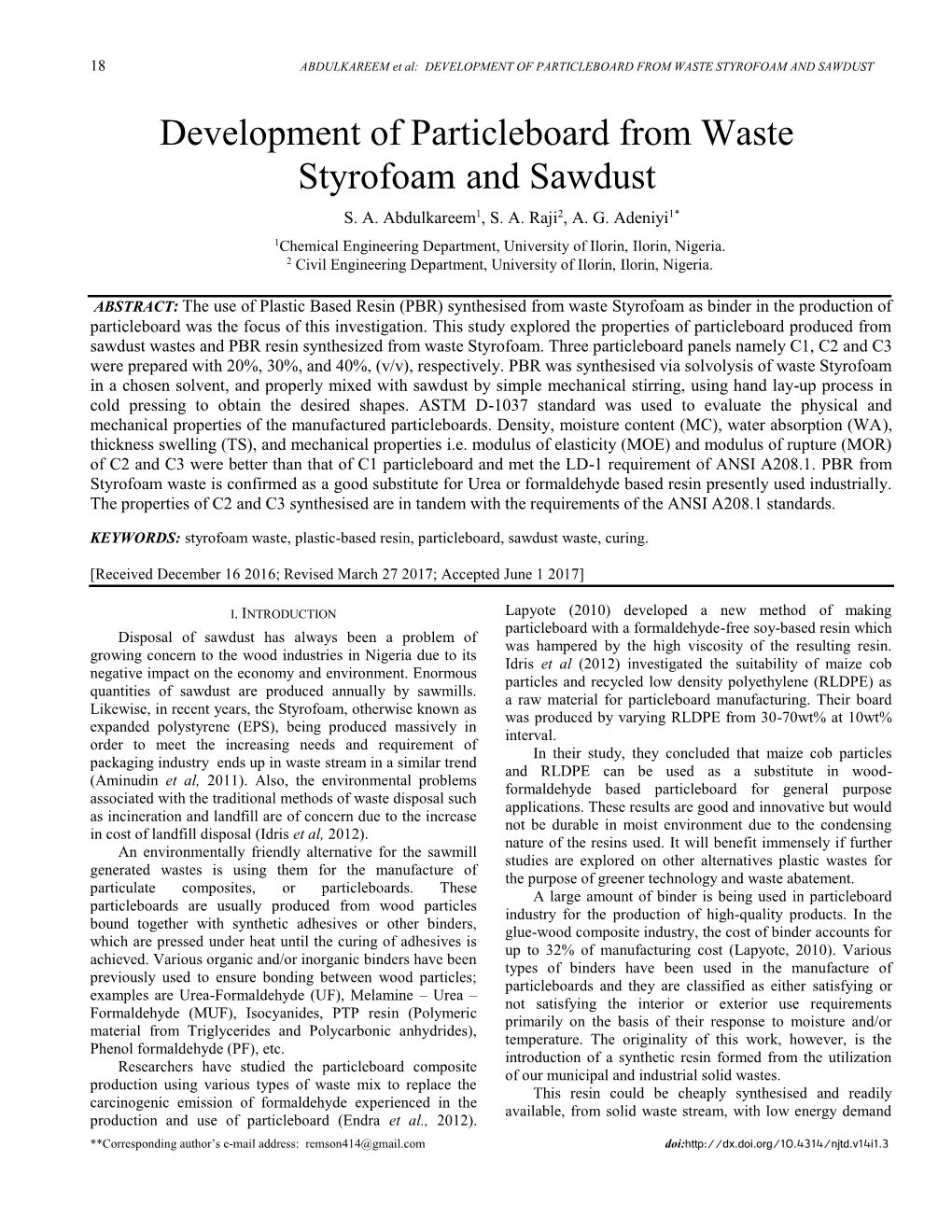 Development of Particleboard from Waste Styrofoam and Sawdust